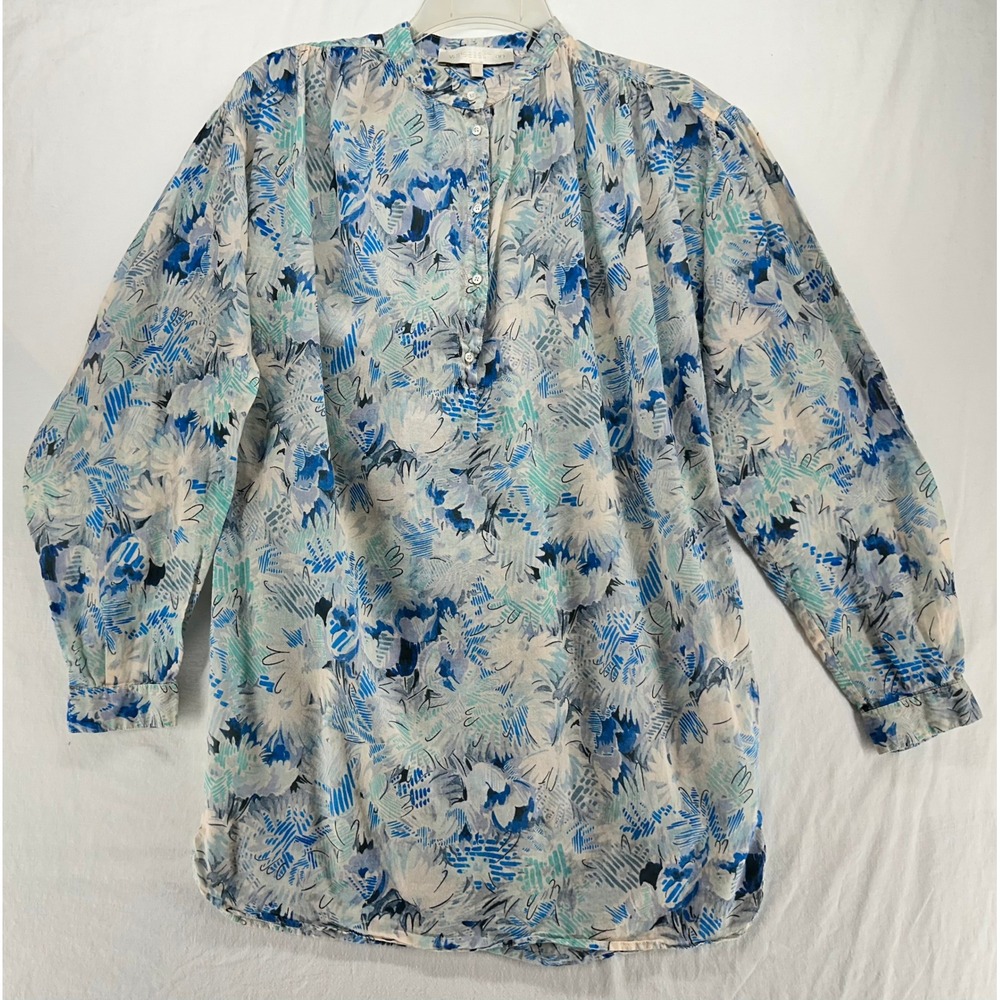Vanessa Bruno Floral Cotton Tunic Top Blue Teal Button Front Size French 36 US 4